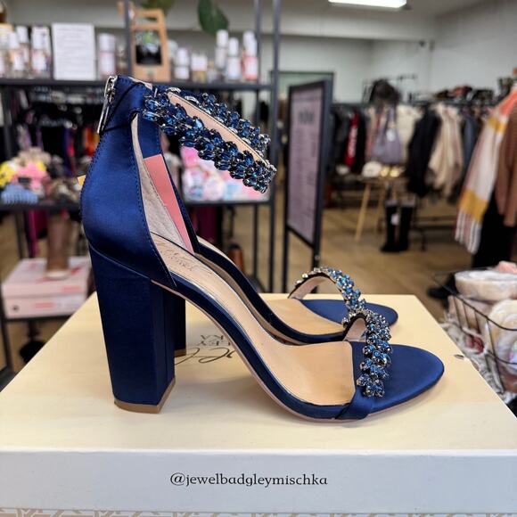 Jewel by Badgley Mischka Odessa Crystal Adorned Block Heel Navy Blue - Picture 2 of 5